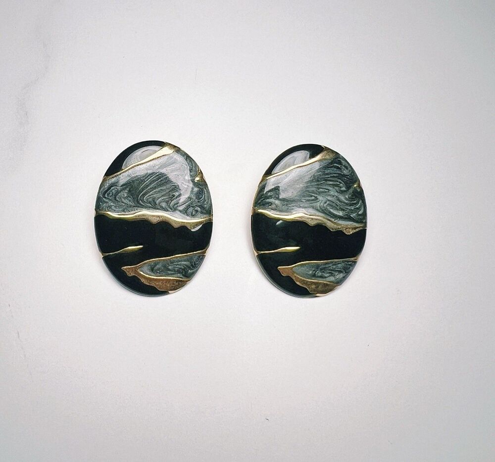 Vintage Earrings 80's Large Dark Academia Enamel Disc Jewelry